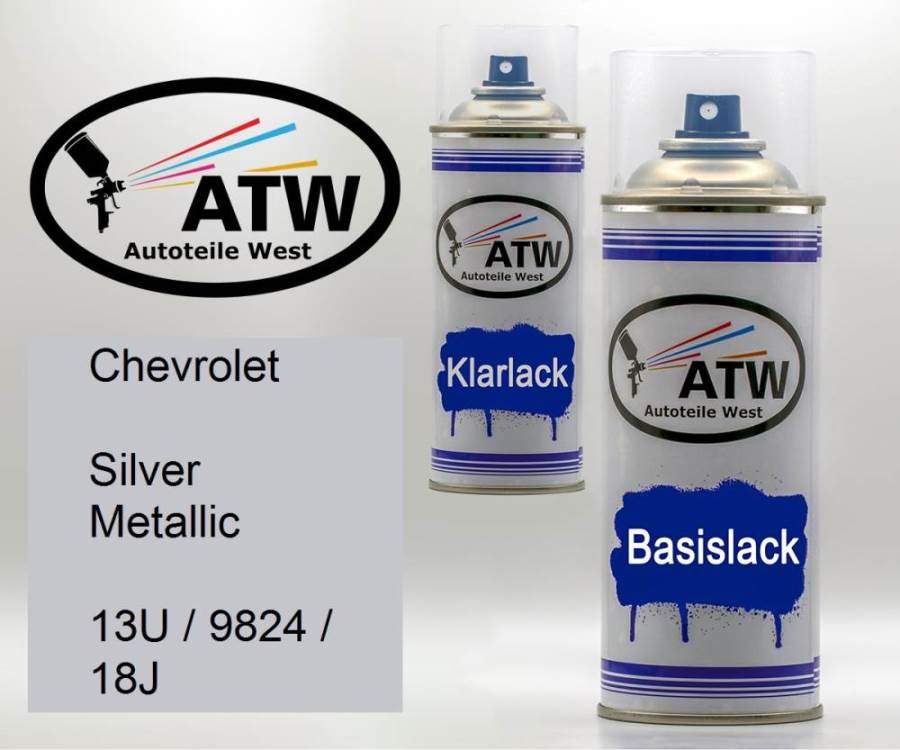 Chevrolet, Silver Metallic, 13U / 9824 / 18J: 400ml Sprühdose + 400ml Klarlack - Set, von ATW Autoteile West.